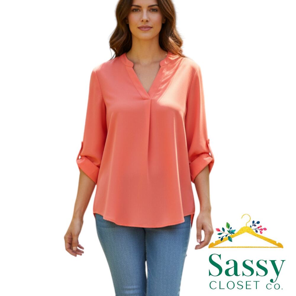 ✨ LUSH Coral Pink Oversized V-Neck Blouse M Button Tab 3/4 Sleeve EUC 🍑